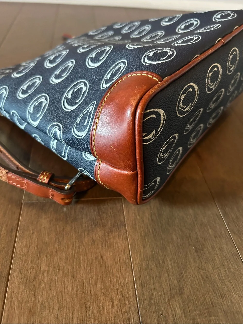 Dooney & Bourke Navy Logo Crossbody with Brown Leather Trim